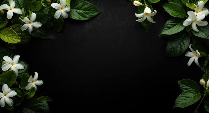 White flowers of Arabian jasmine and vibrant leaves framed by a dark backdrop with space for text