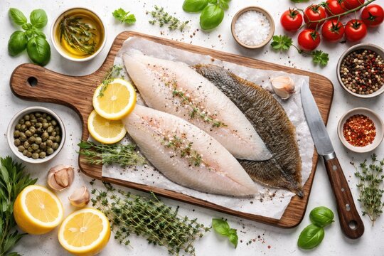 Fresh Plaice Fillets with Cooking Ingredients on Wooden Cutting Board