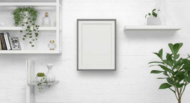 White shelving wall featuring empty photo frame and stylish plant decor for virtual office backdrop with copy space