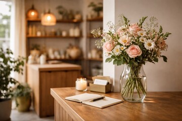 Naklejka premium Cozy business shop corner featuring clear glass vase with fresh flowers on wooden desk and copy space