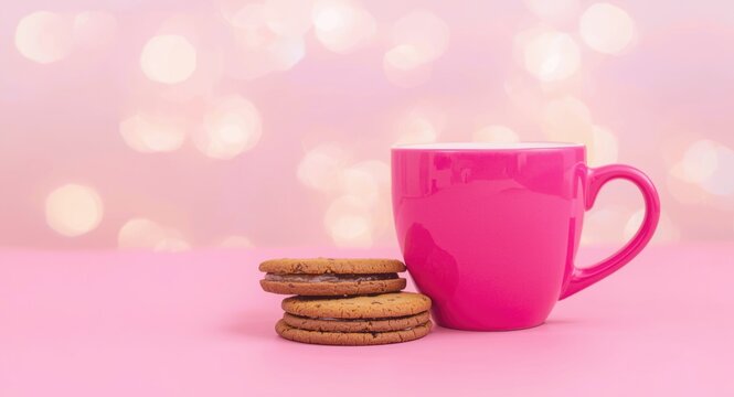 Vibrant pink coffee cup and cookies on a smooth surface with a faded light bokeh background
