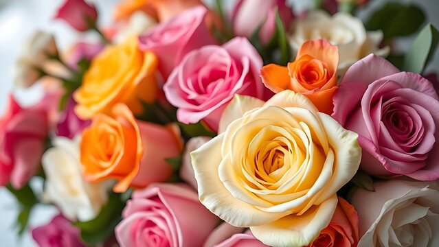 Vibrant bouquet of colorful roses against a soft floral background.