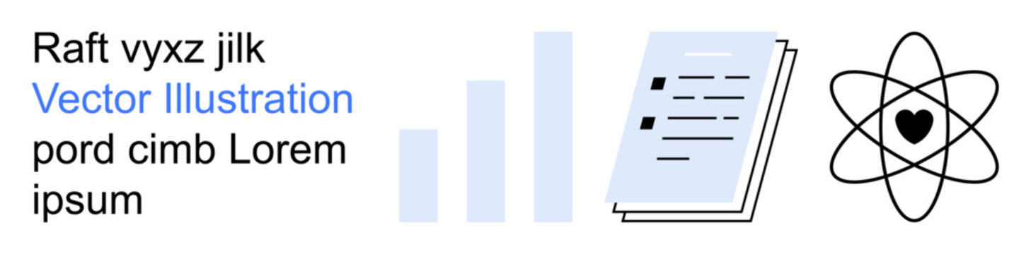 Data visualization, report creation, scientific exploration, research tools, progress tracking, statistics. Features charts, documents atomic symbol with heart. Data visualization and report