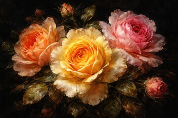Naklejka premium Macro close up vintage painting of yellow orange and pink roses on black background