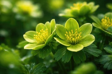 Obraz premium Close up view of vibrant green flowers with yellow stamens amid dense lush foliage and a soft focus background