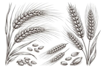 Fototapeta premium Outline sketches of barley and wheat grains on white background