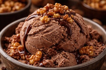 Fototapeta premium Close up view of a scoop of creamy chocolate ice cream topped with crunchy walnuts and natural ingredients