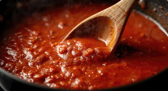 Wooden spoon working through tomato sauce cooking in pan close shot
