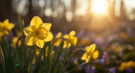 Obraz premium Sunlit bright yellow daffodil blossoms enhancing scenic floral background views