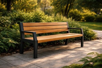 Naklejka premium Stylish outdoor bench crafted from durable wood and steel next to lush green foliage perfect for public park settings