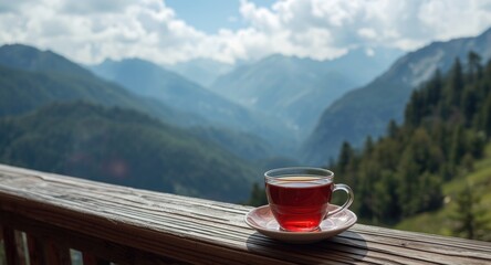 Obraz premium Cup of tea served on wooden balcony overlooking peaceful mountain range