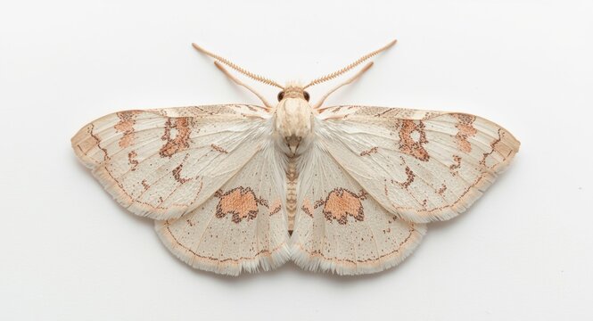 Thyatira batis moth with delicate peach blossom markings on a plain white background