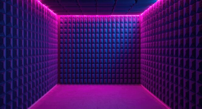 Soundproof room banner showcasing acoustic foam under pink and blue illumination