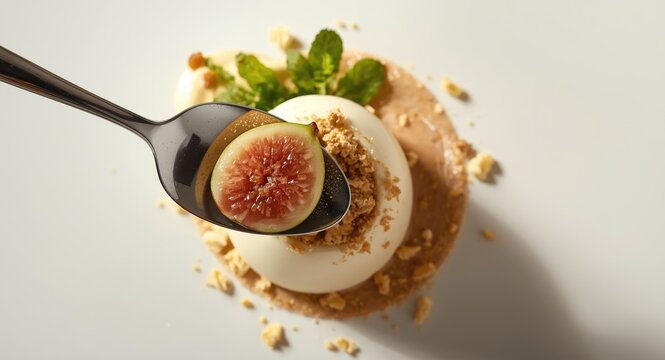 Overhead perspective of spoon holding fig above mousse dessert garnished with gofio crumble and mint