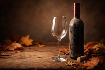 Fototapeta premium Empty glass and dusty red wine bottle on wooden table with autumn leaves and copy space