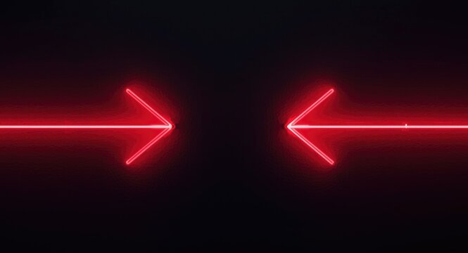 Geometric abstract background with neon arrows facing contradiction and copyspace