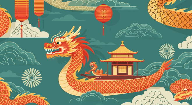Chinese Dragon Boat Festival Illustration with Traditional Dragons and Lanterns