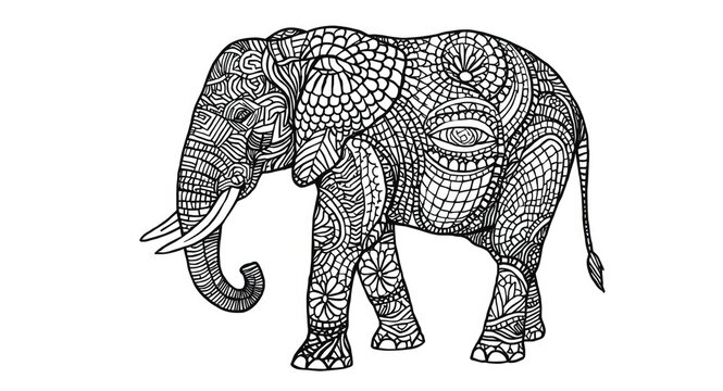 Playful elephant in zentangle design for coloring books on white plain background