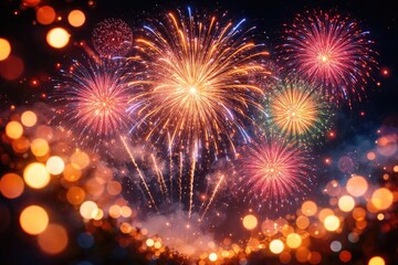 Fototapeta premium Vibrant fireworks bursting in the night sky with defocused light effects for a festival celebration