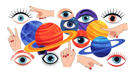 Eyes and hands pointing planets space. © Warni