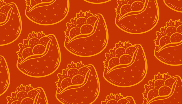 Falafel Seamless Repeat Pattern. Middle Eastern Chickpea Ball. Traditional Arab Street Food. Hand Drawn Bowl Illustration. Mediterranean Snack Vector Background.