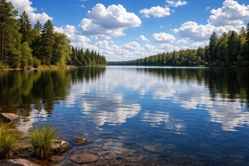 Fototapeta premium Serene lake reflecting bright blue sky with gentle ripples