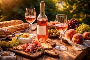 Fototapeta premium A vibrant picnic scene with a bottle of rosÃ© wine and two full glasses surrounded by bread cheese ham grapes and peaches on a wooden table