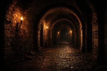 Naklejka premium Mysterious medieval dungeon corridor featuring brick and stone tunnel with textured floor and dim arches