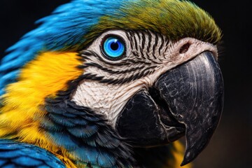 Fototapeta premium Close up portrait of a vibrant blue and yellow parrot showing detailed electric blue iris