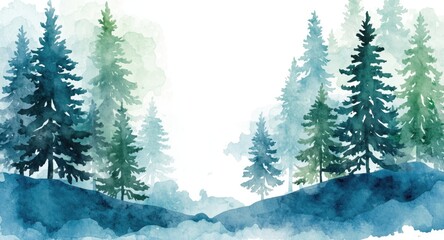 Fototapeta premium Inviting watercolor forest scene featuring sapphire blue and natural green for copy space