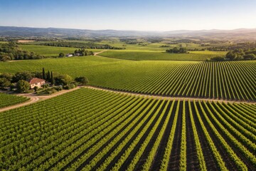 Fototapeta premium Aerial perspective of sprawling grape vineyards under clear skies