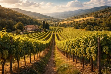 Fototapeta premium Lush Vineyard Landscape in Scenic Valley at Sunset