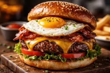 Delicious cheeseburger with a sunny fried egg on top
