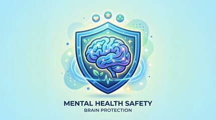 Obraz premium Mental health safety and brain protection icon with glowing shield on a bright background protection wellbeing psychology awareness emotional