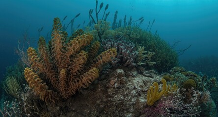 Fototapeta premium Underwater garden showcasing mud-covered brown kelp Ecklonia radiata and flora