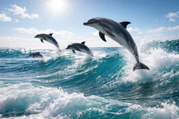 Naklejka premium Joyful dolphins playing and leaping over ocean waves on a sunny day