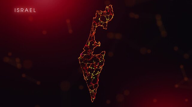 A dynamic motion video showcasing the Israel country border through a colorful plexus reveal. Glowing red and orange dots represent high-tech data communication and global digital networks.