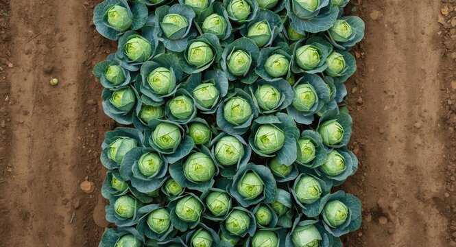 Top down image of garden full of ripe green cabbages ready for picking