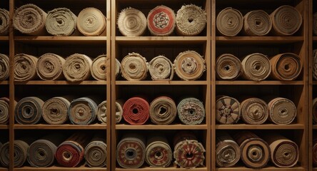 Fototapeta premium Wooden shelves in room holding neatly arranged natural fiber carpet rolls with artistic rectangle motifs