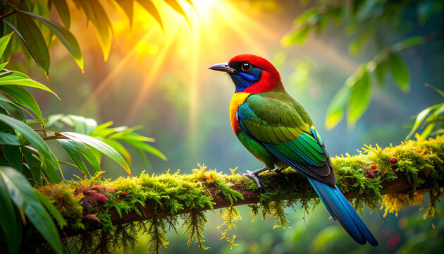 Colorful bird perched on a mossy branch