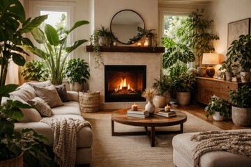 Obraz premium Cozy Living Room with Fireplace Surrounded by Lush Houseplants