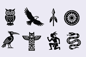 Fototapeta premium Native American tribal symbols set, black indigenous culture icons with eagle and owl, ethnic totem and spear vector illustrations