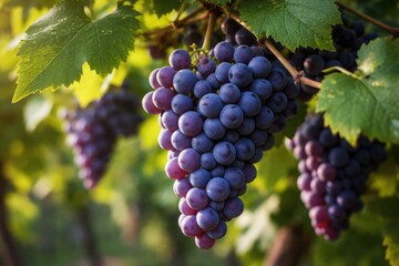 Fototapeta premium Fresh concord grapes on vine in close-up view