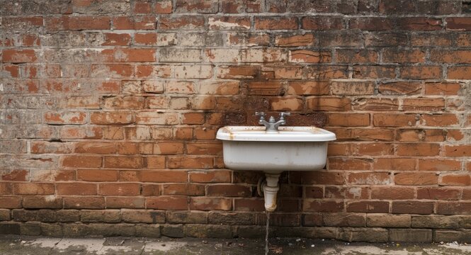 Unsafe outdoor sink attached to weathered brick wall with contaminated water