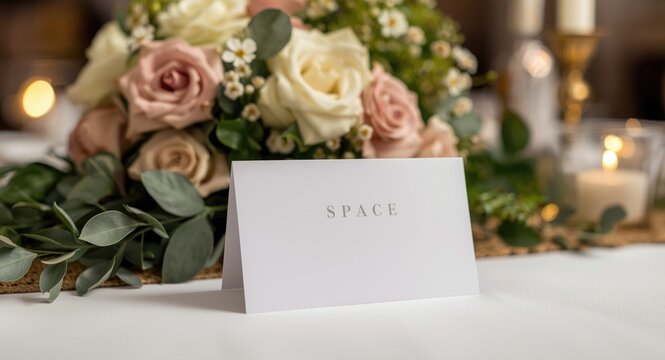 Wedding table decor featuring white blank space card mockup with clipping path background