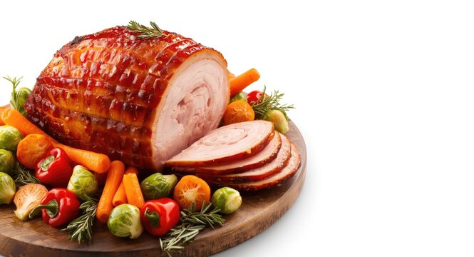 Appetizing glazed spiral cut ham with vegetables and copy space for adding text or graphics