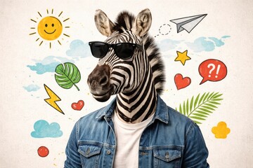 Obraz premium Humorous zebra head on human torso art collage with clip art and copy space