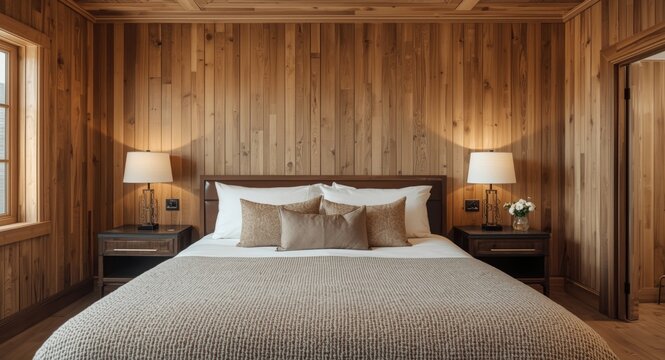 warm rustic bedroom featuring wooden panel walls and a plush bed setup