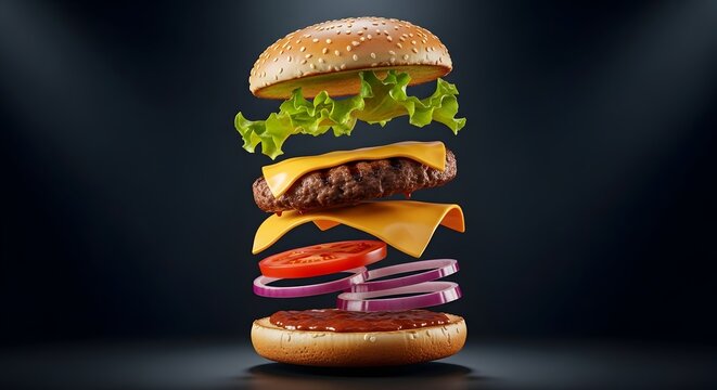 Tampilan ledakan lapisan burger yang memperlihatkan roti daging keju selada tomat dan bawang secara detail