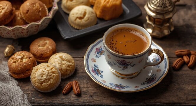 Turkish coffee delight served in vintage cup with an array of regional sweets